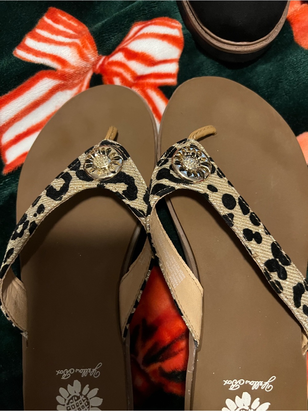 Yellow Box Leopard Print Thong Sandals with Gold Medallion